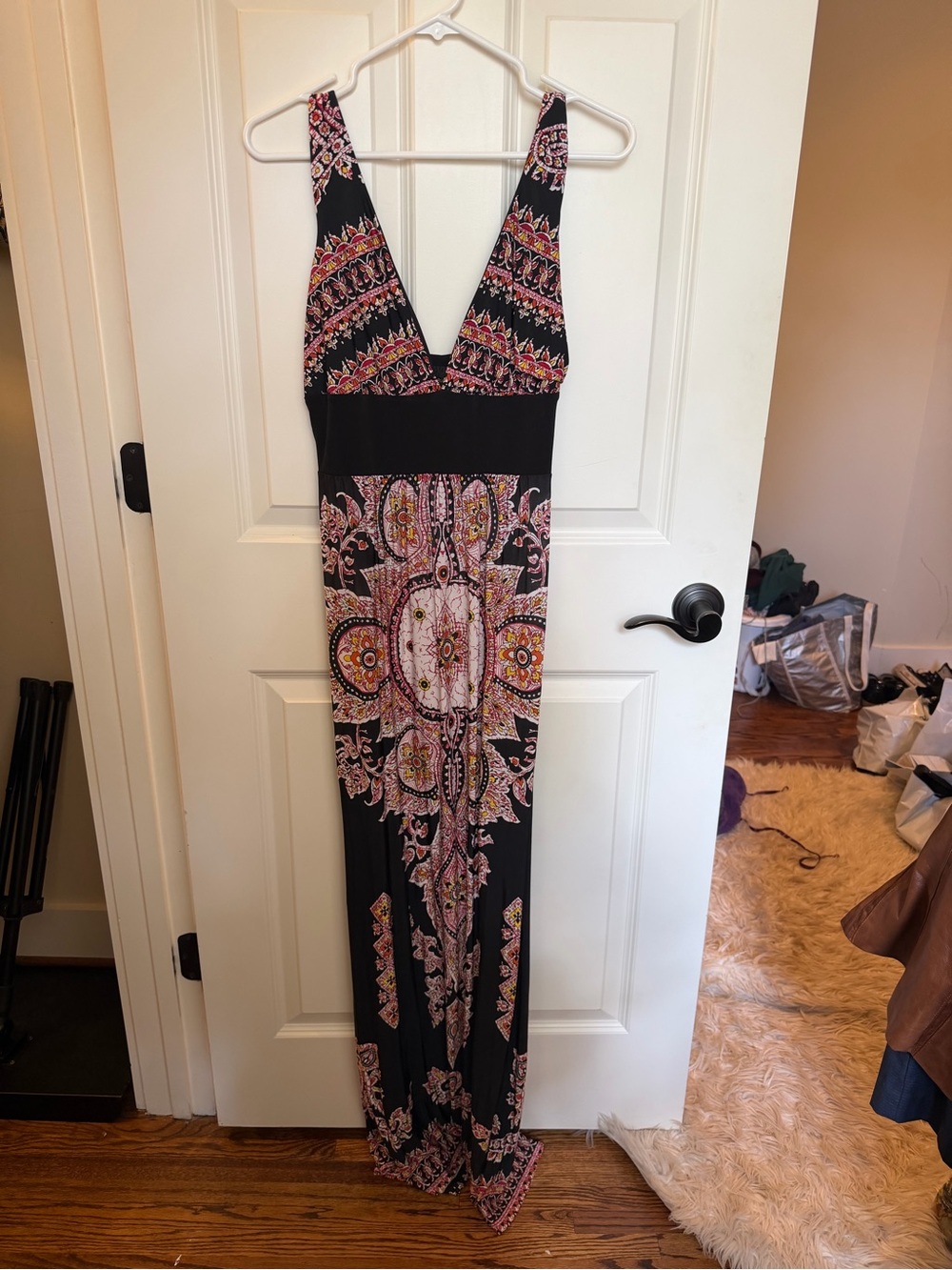 Black Multi-Print Deep V Maxi Dress